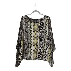 Alfani Womens 0X Blouse Brown Lime Green Bubble Hem Seer Flare Sleeves Animal